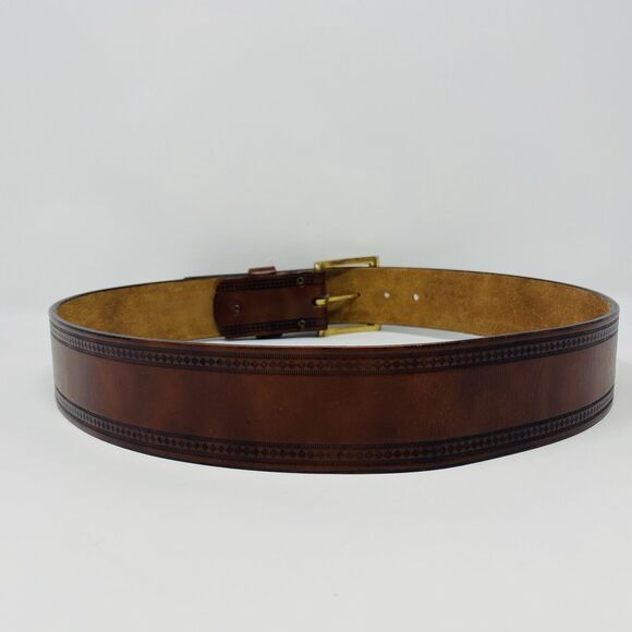 VTG Mens 34 Brown Tooled Leather Western Cowboy Belt Adjustable Gold Buckle Work - Picture 5 of 15